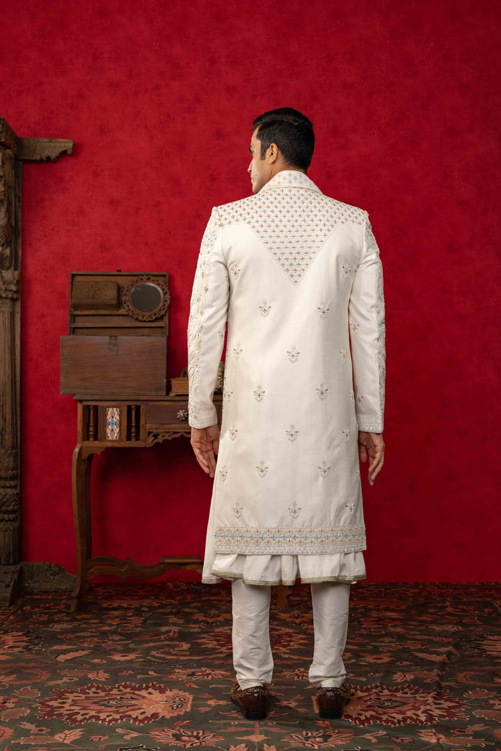 Pearl White Sherwani with Zardosi and Multicoloured Resham Embroidery