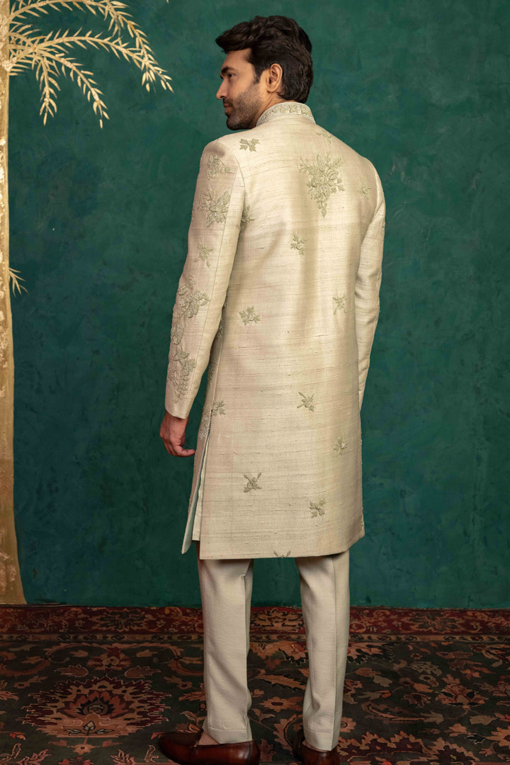 Pistachio green  hand embroidered sherwani