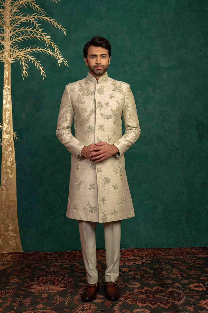Pistachio green  hand embroidered sherwani