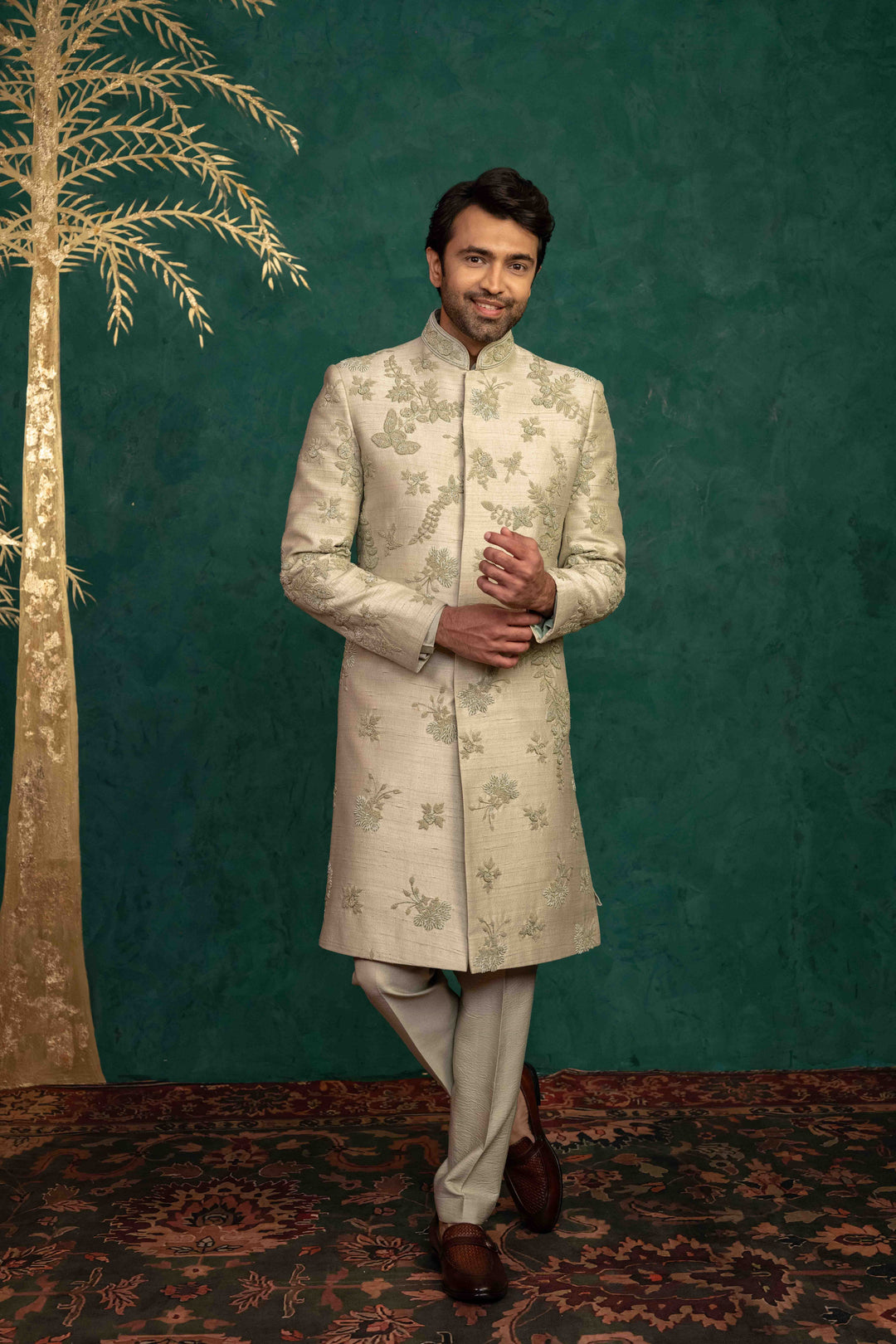Pistachio green  hand embroidered sherwani – Image 8