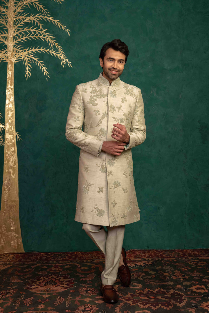 Pistachio green  hand embroidered sherwani