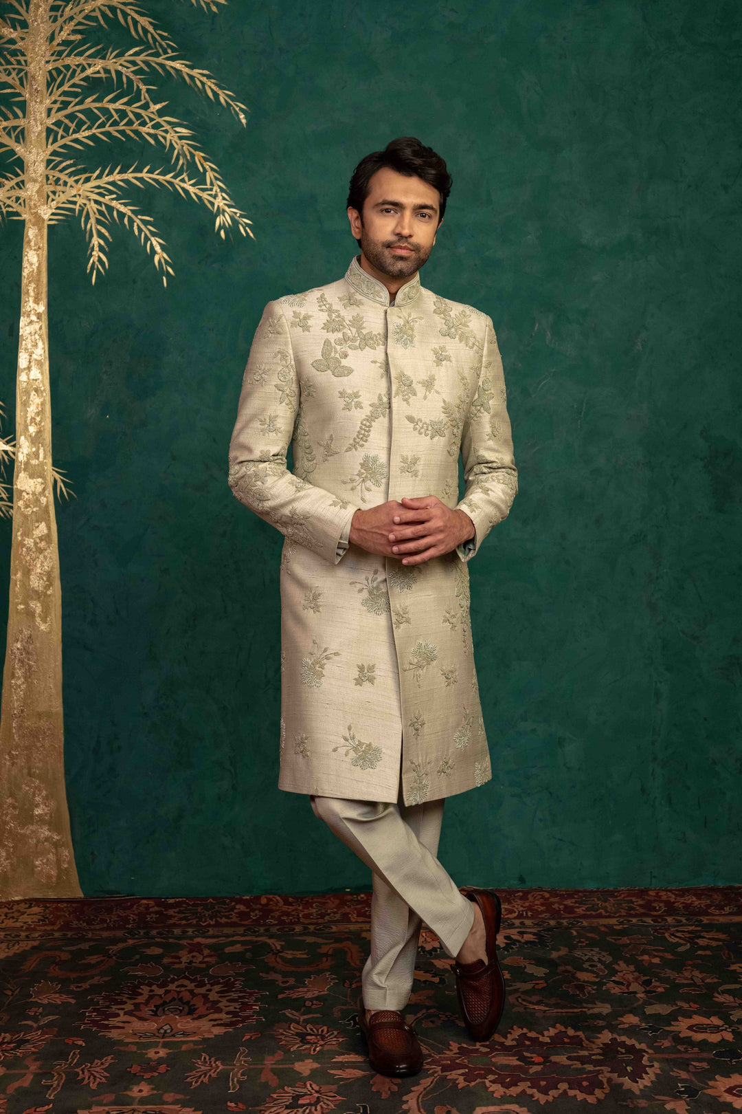 Pistachio green  hand embroidered sherwani – Image 10
