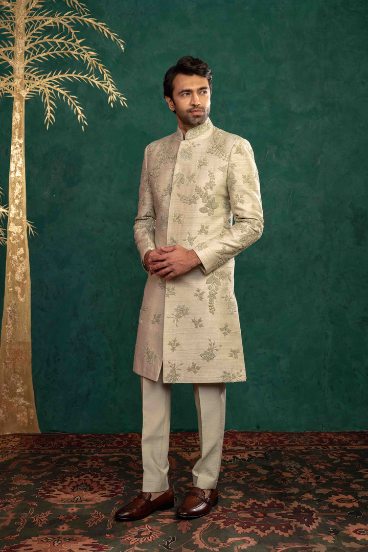 Pistachio green  hand embroidered sherwani