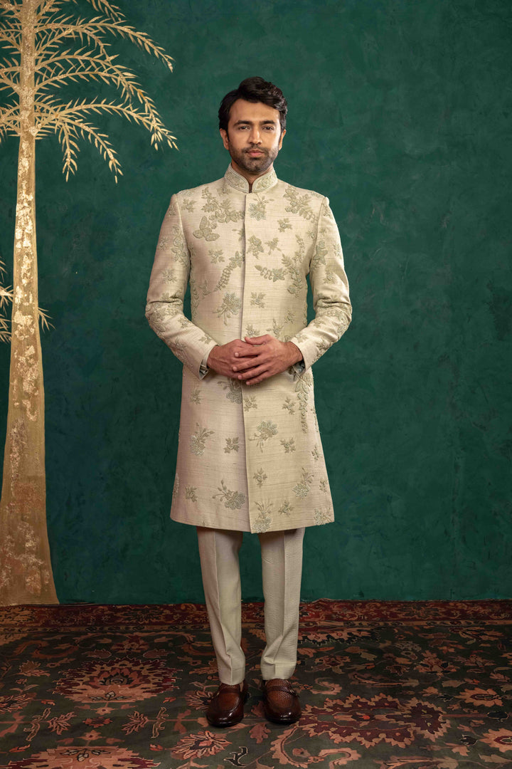 Pistachio green  hand embroidered sherwani
