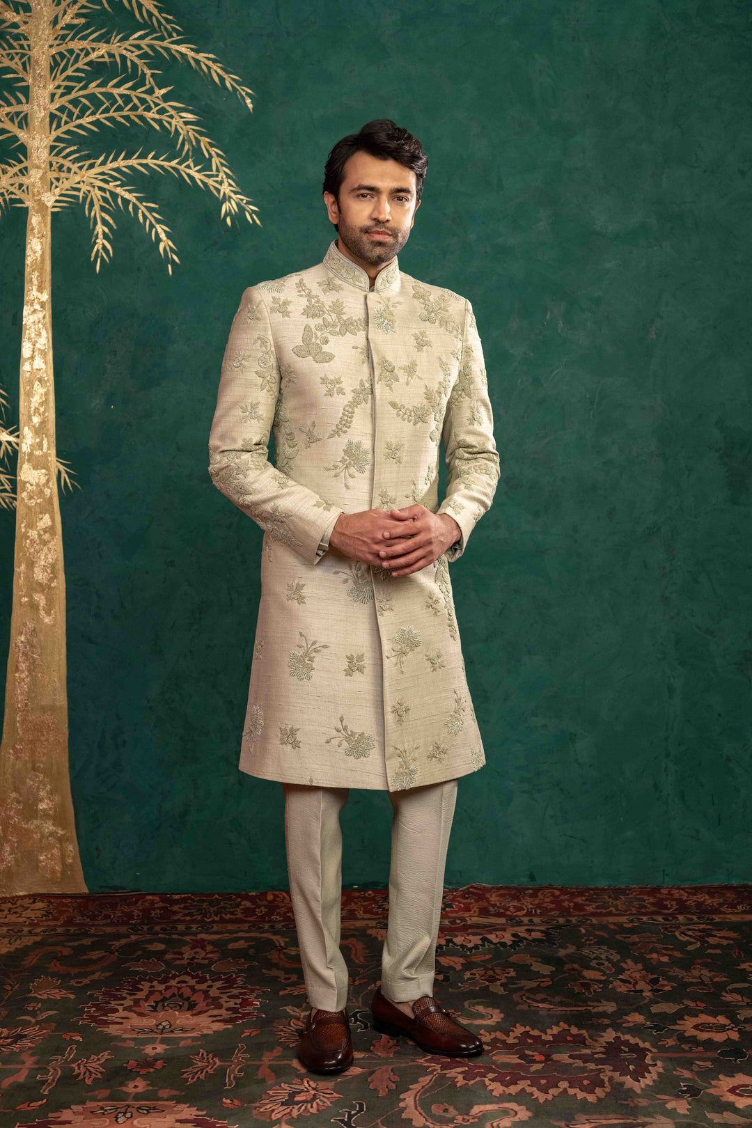 Pistachio green  hand embroidered sherwani – Image 4