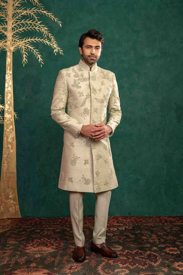 Pistachio green  hand embroidered sherwani