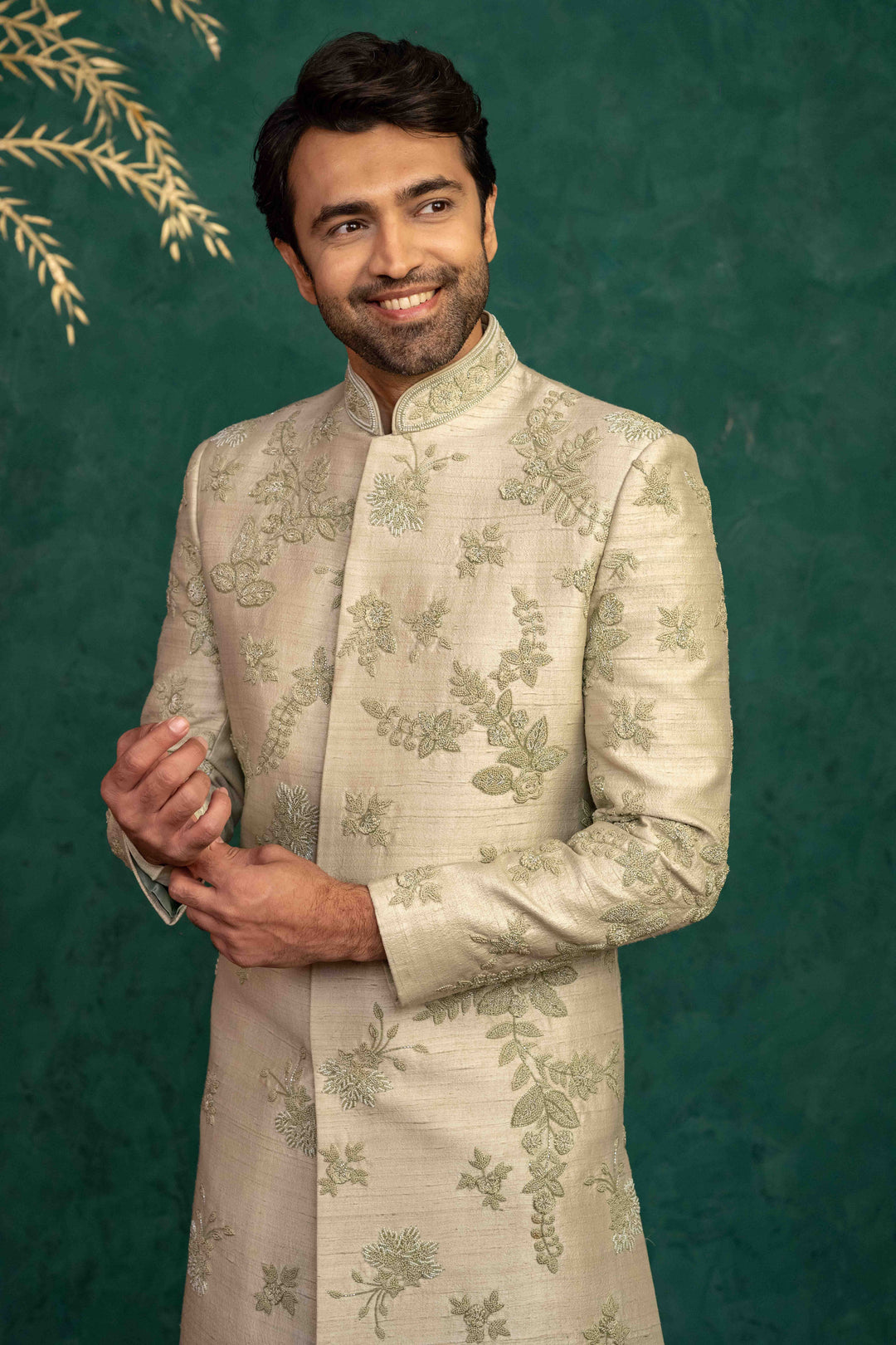 Pistachio green  hand embroidered sherwani