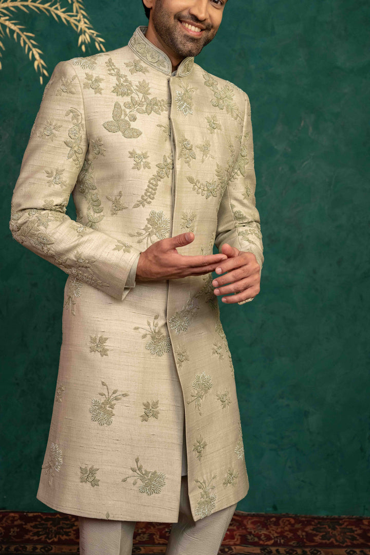 Pistachio green  hand embroidered sherwani