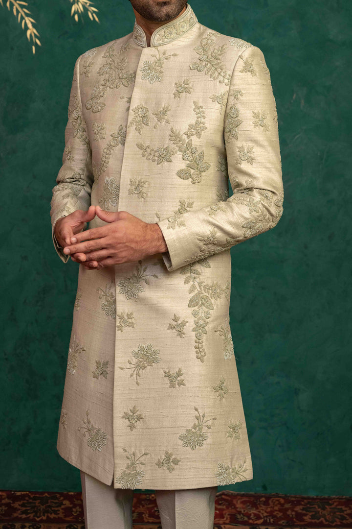 Pistachio green  hand embroidered sherwani