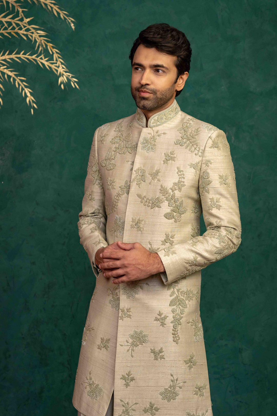 Pistachio green  hand embroidered sherwani – Image 3