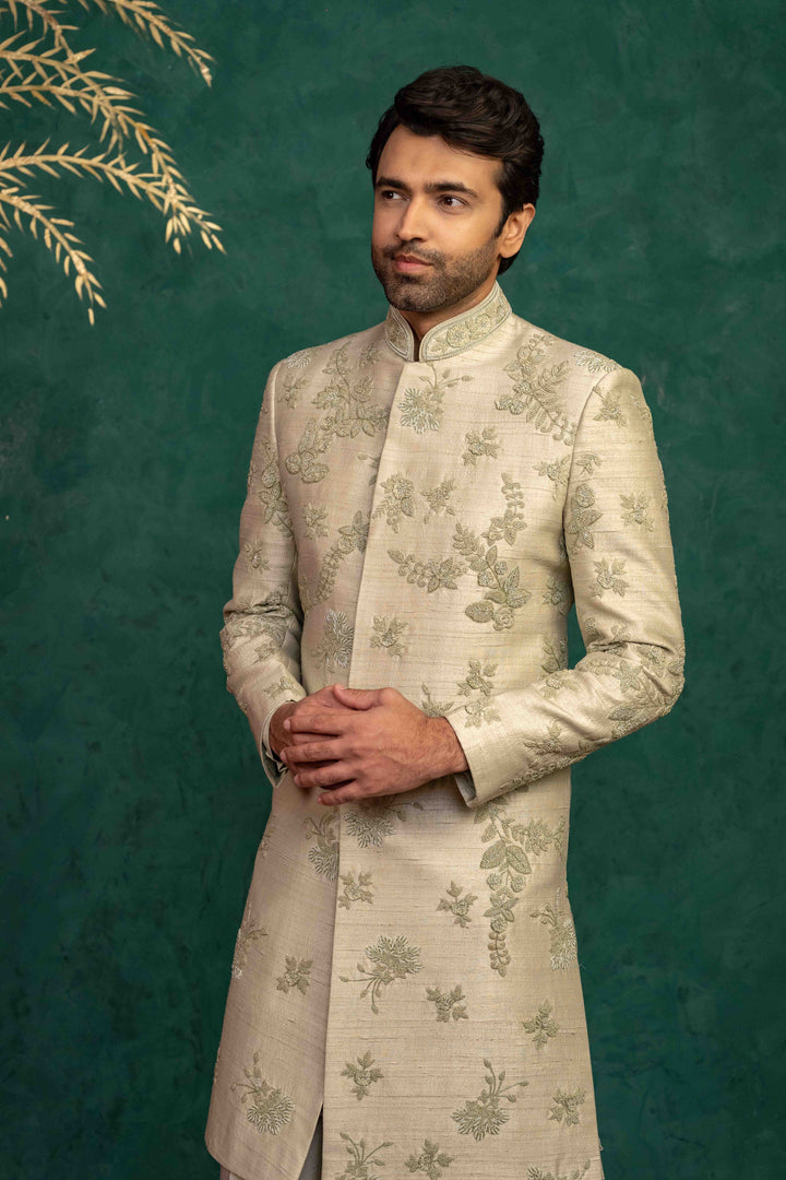 Pistachio green  hand embroidered sherwani