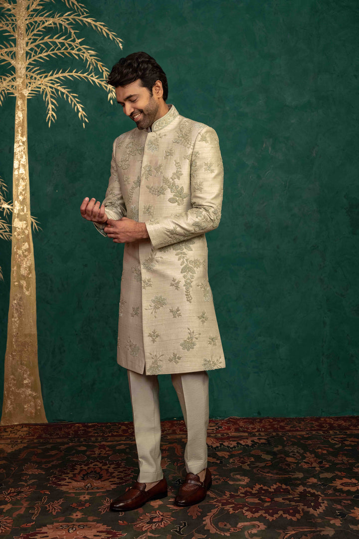 Pistachio green  hand embroidered sherwani
