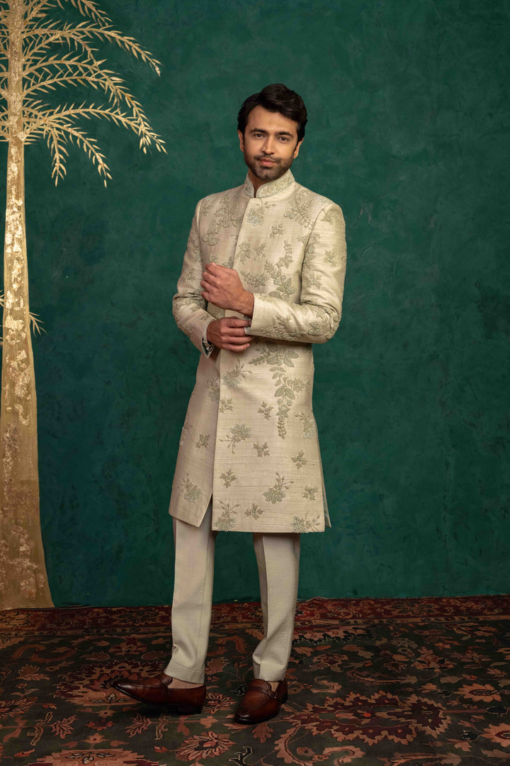 Pistachio green  hand embroidered sherwani