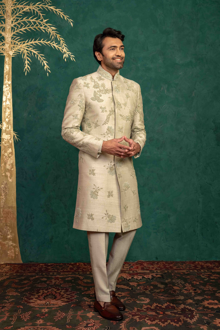 Pistachio green  hand embroidered sherwani