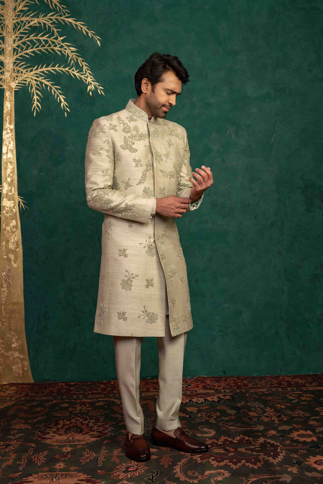 Pistachio green  hand embroidered sherwani – Image 12