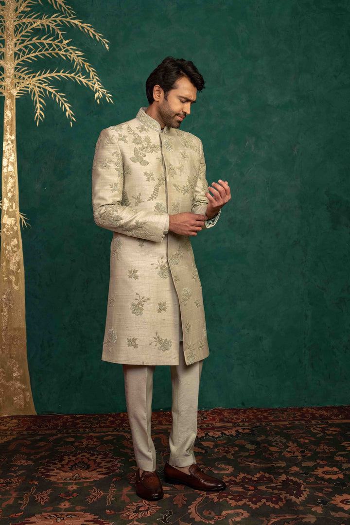 Pistachio green  hand embroidered sherwani