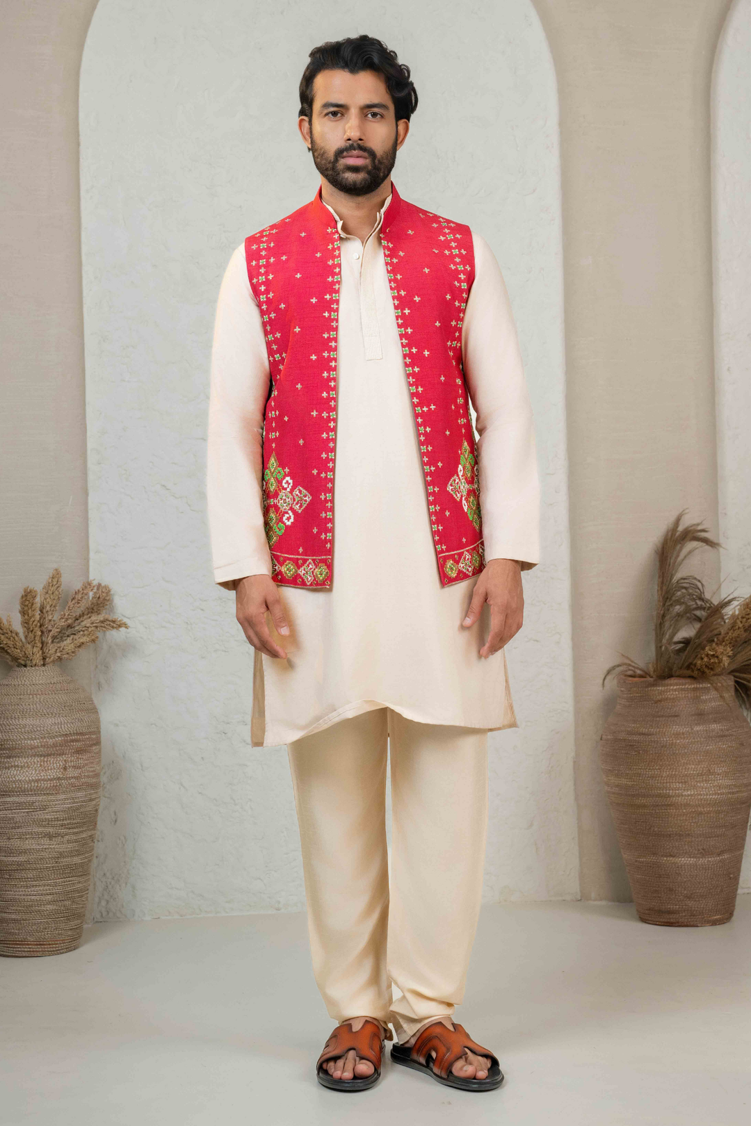 Red & Beige - Pearl & Cutdana - Dupion & PS - Koti Set – Image 1