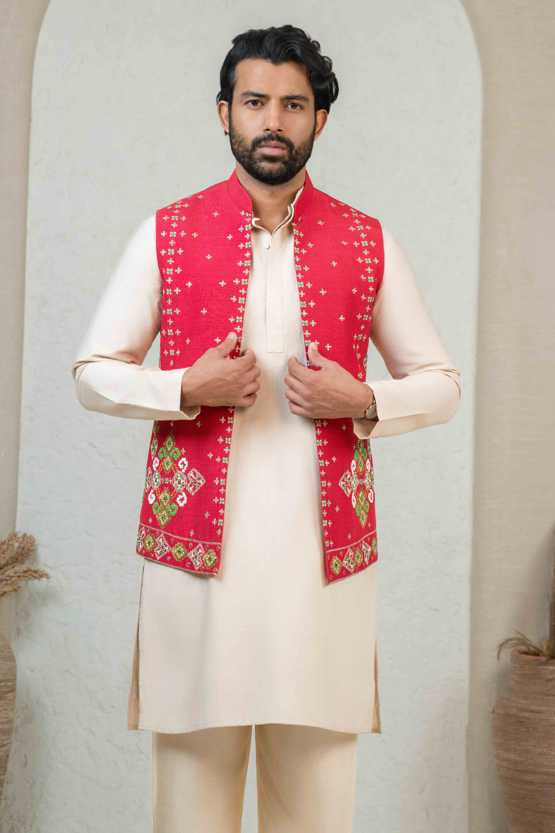 Red & Beige - Pearl & Cutdana - Dupion & PS - Koti Set – Image 6