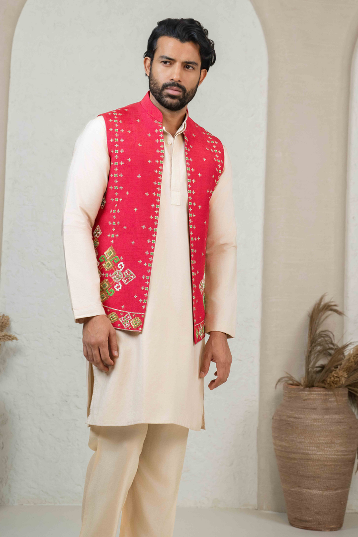 Red & Beige - Pearl & Cutdana - Dupion & PS - Koti Set