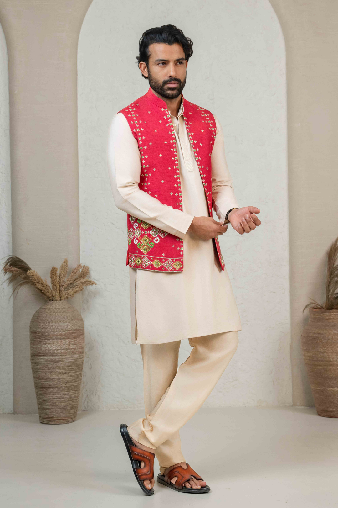 Red & Beige - Pearl & Cutdana - Dupion & PS - Koti Set – Image 3