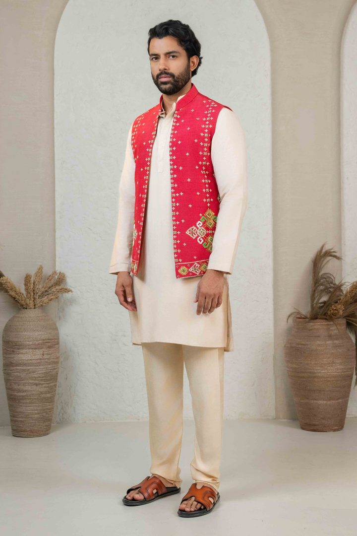 Red & Beige - Pearl & Cutdana - Dupion & PS - Koti Set