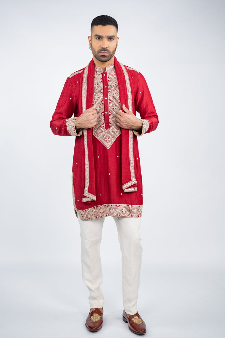 Red Linen Silk Mirror Work Kurta Set