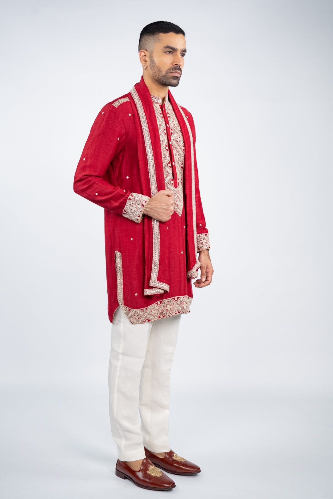 Red Linen Silk Mirror Work Kurta Set – Image 3