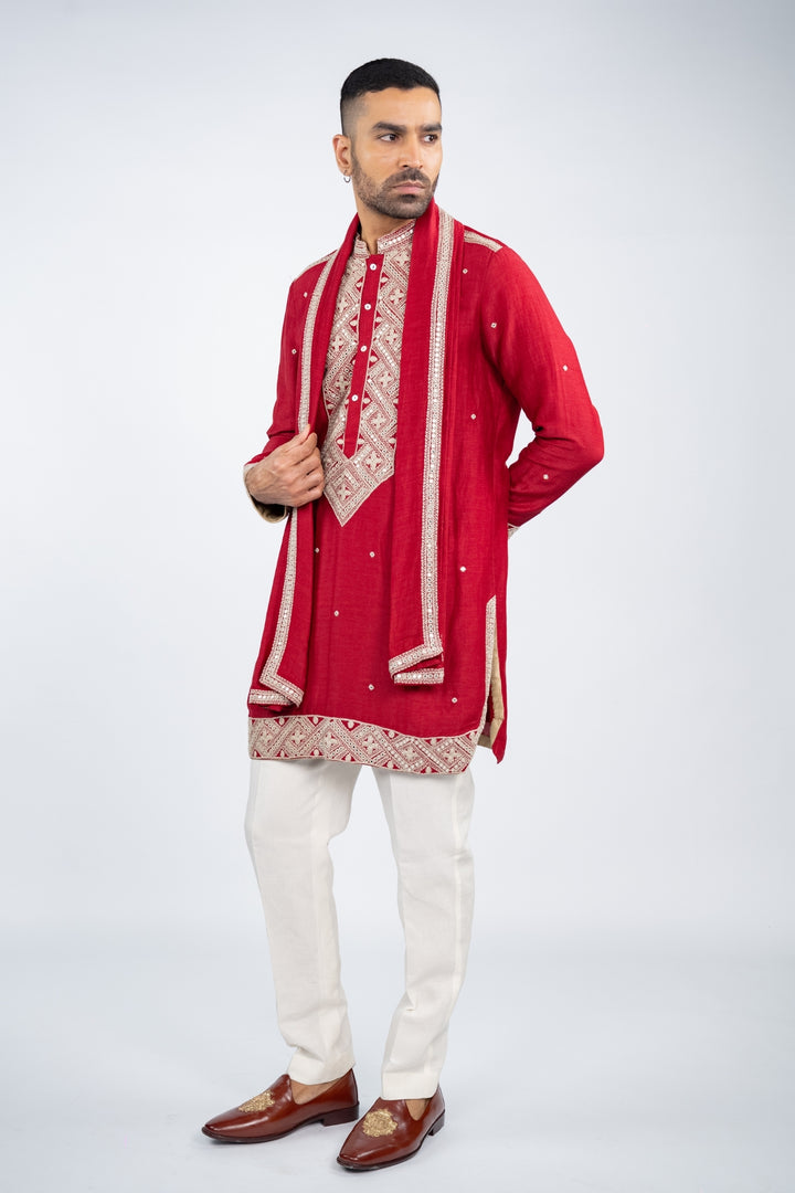 Red Linen Silk Mirror Work Kurta Set