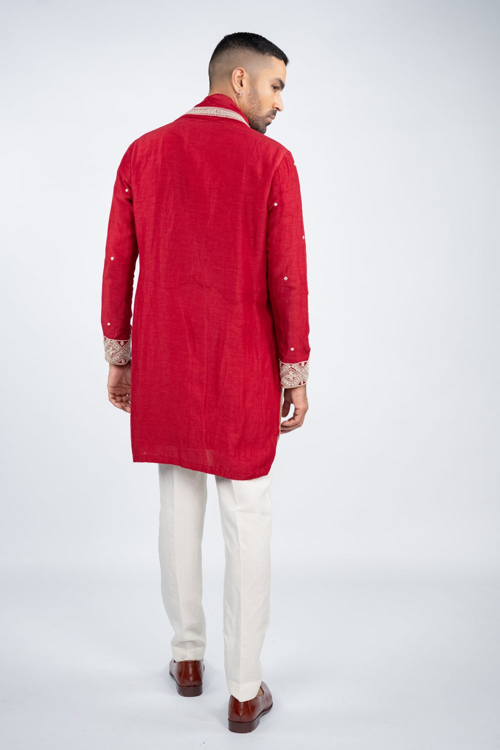 Red Linen Silk Mirror Work Kurta Set
