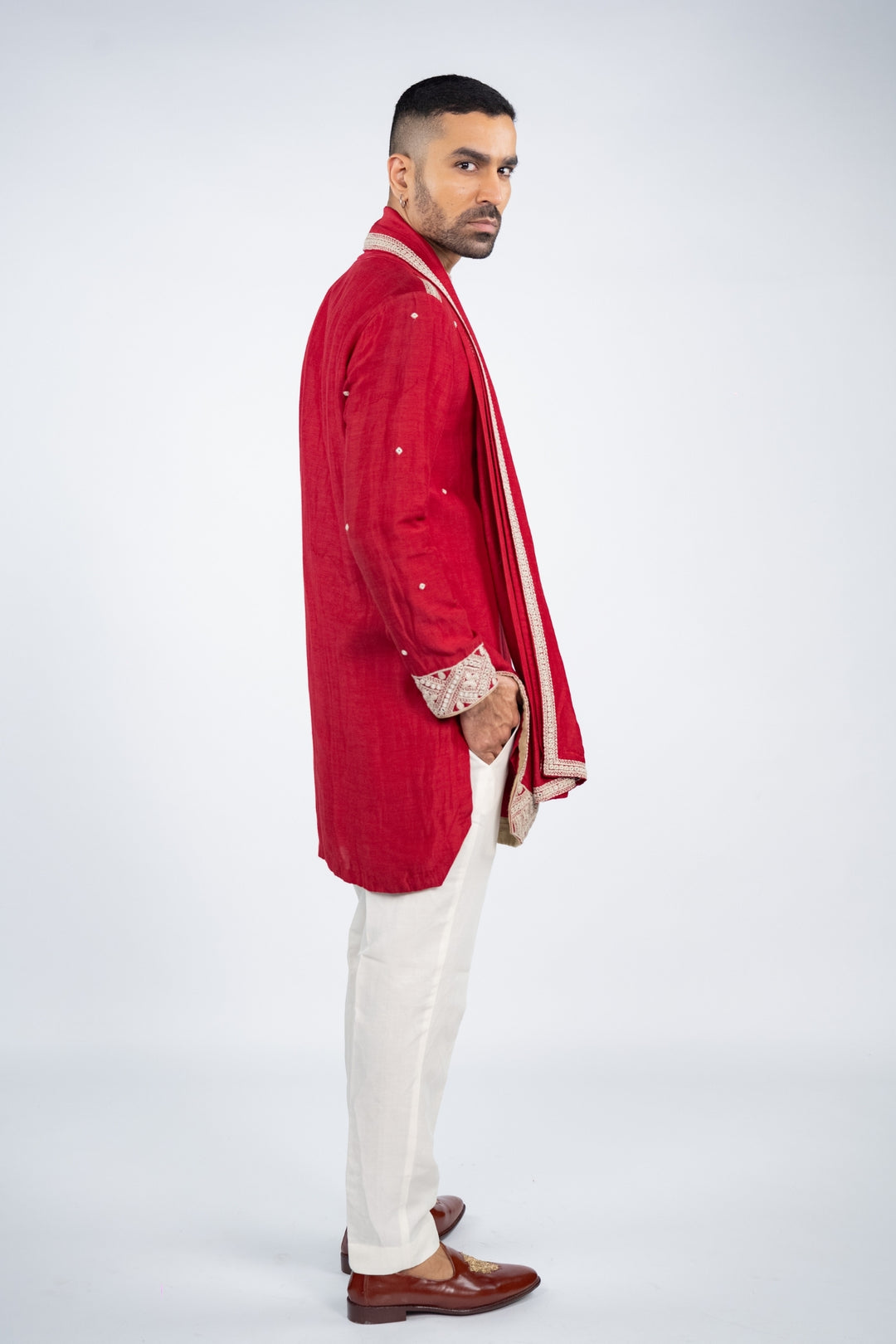Red Linen Silk Mirror Work Kurta Set – Image 5