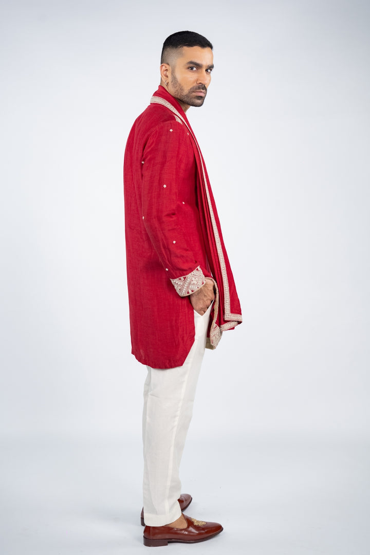 Red Linen Silk Mirror Work Kurta Set