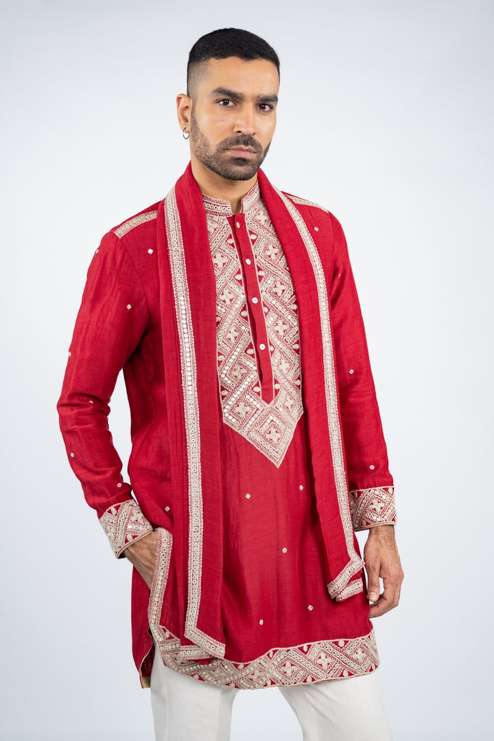 Red Linen Silk Mirror Work Kurta Set