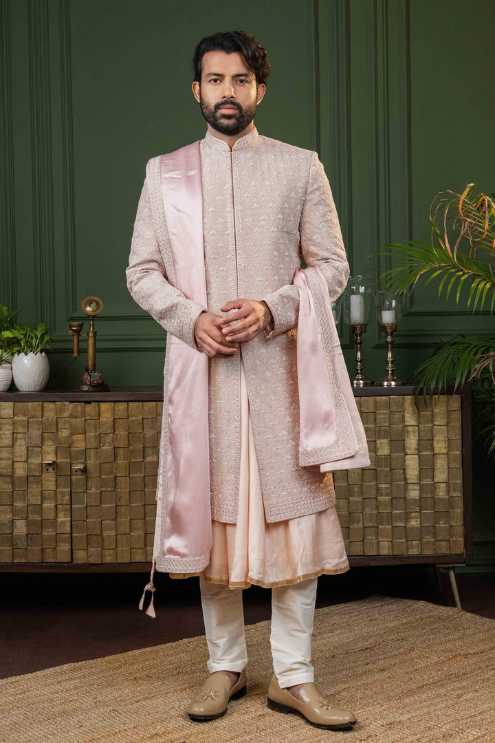 Rose Gold - Dori & Cutdana - Tissue Fabric - Sherwani