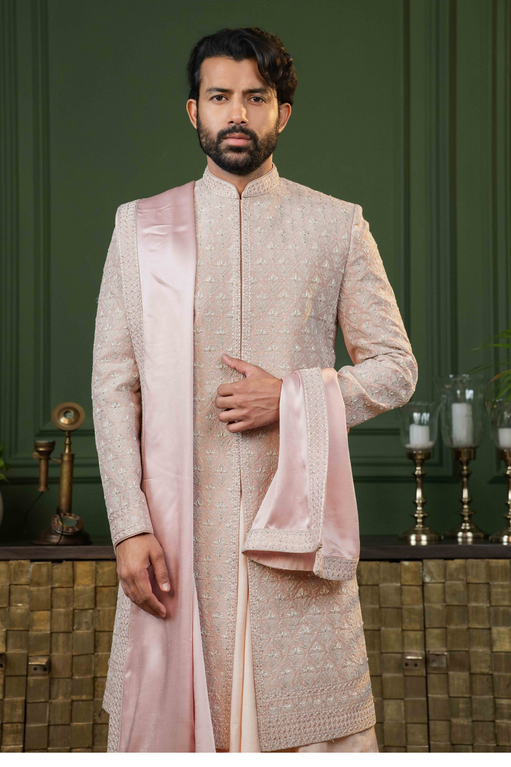Rose Gold - Dori & Cutdana - Tissue Fabric - Sherwani