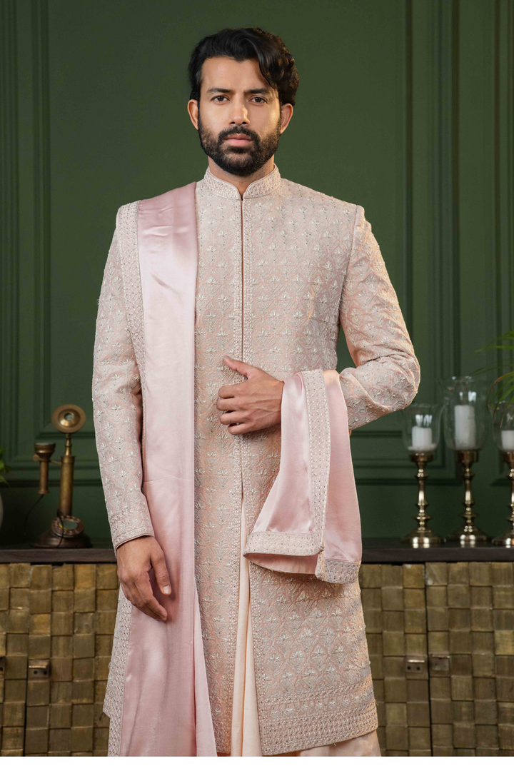 Rose Gold - Dori & Cutdana - Tissue Fabric - Sherwani