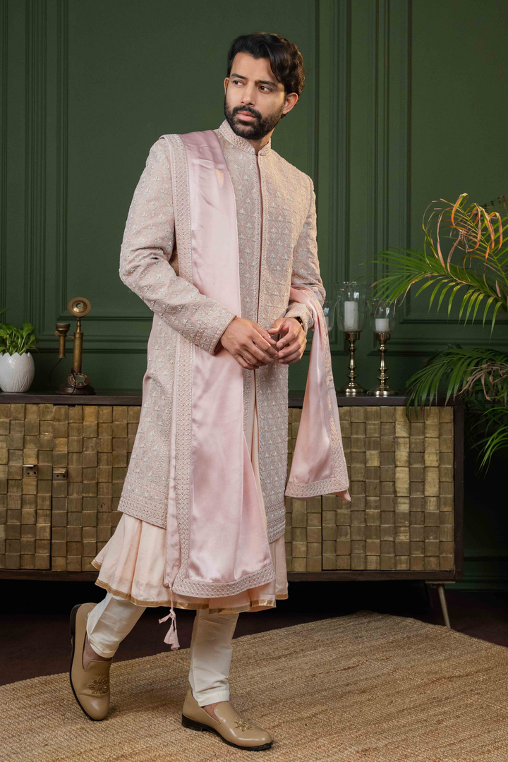 Rose Gold - Dori & Cutdana - Tissue Fabric - Sherwani