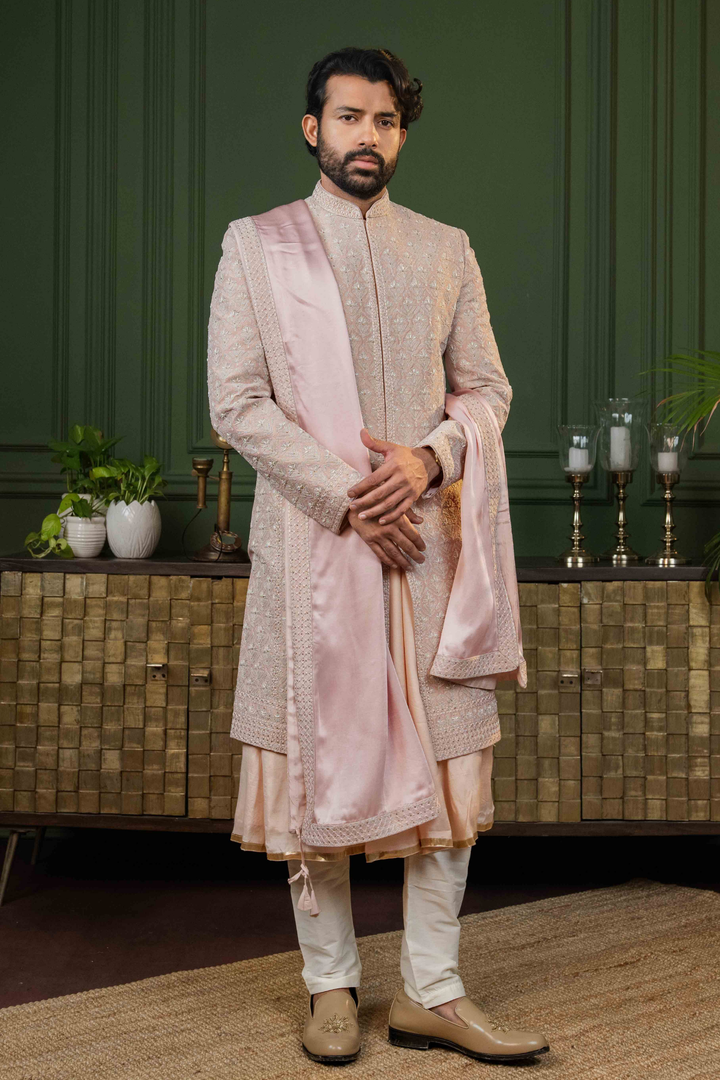 Rose Gold - Dori & Cutdana - Tissue Fabric - Sherwani