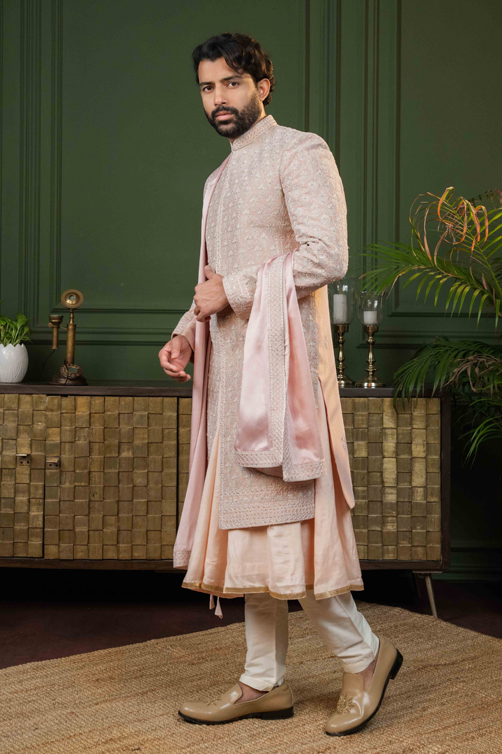 Rose Gold - Dori & Cutdana - Tissue Fabric - Sherwani