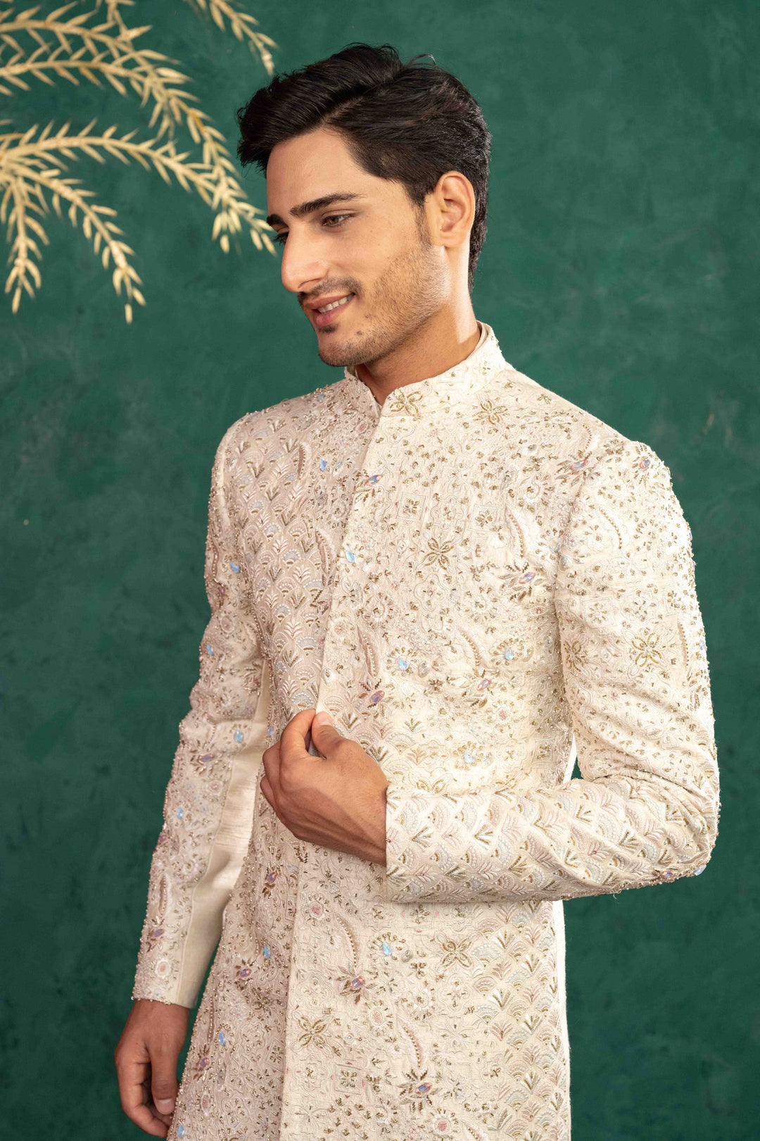 SOFT IVORY MULTI COLOURED SHERWANI – Image 3