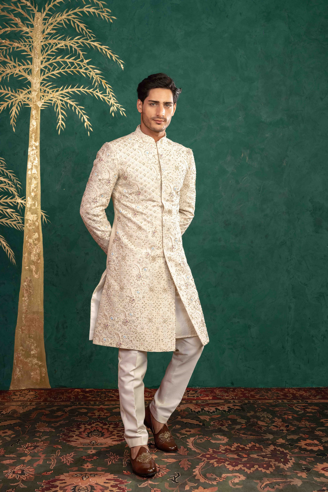 SOFT IVORY MULTI COLOURED SHERWANI – Image 7