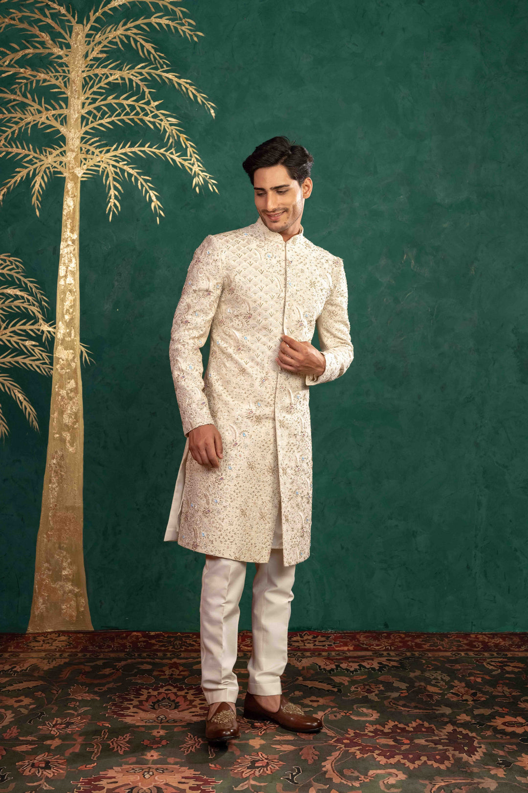 SOFT IVORY MULTI COLOURED SHERWANI – Image 12
