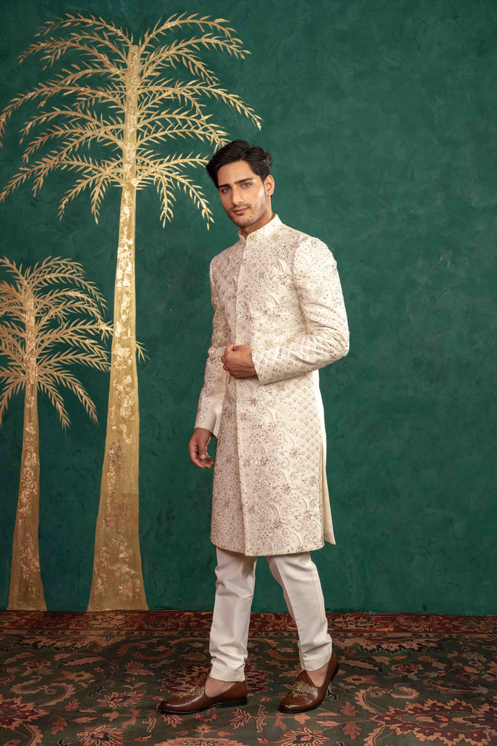 SOFT IVORY MULTI COLOURED SHERWANI