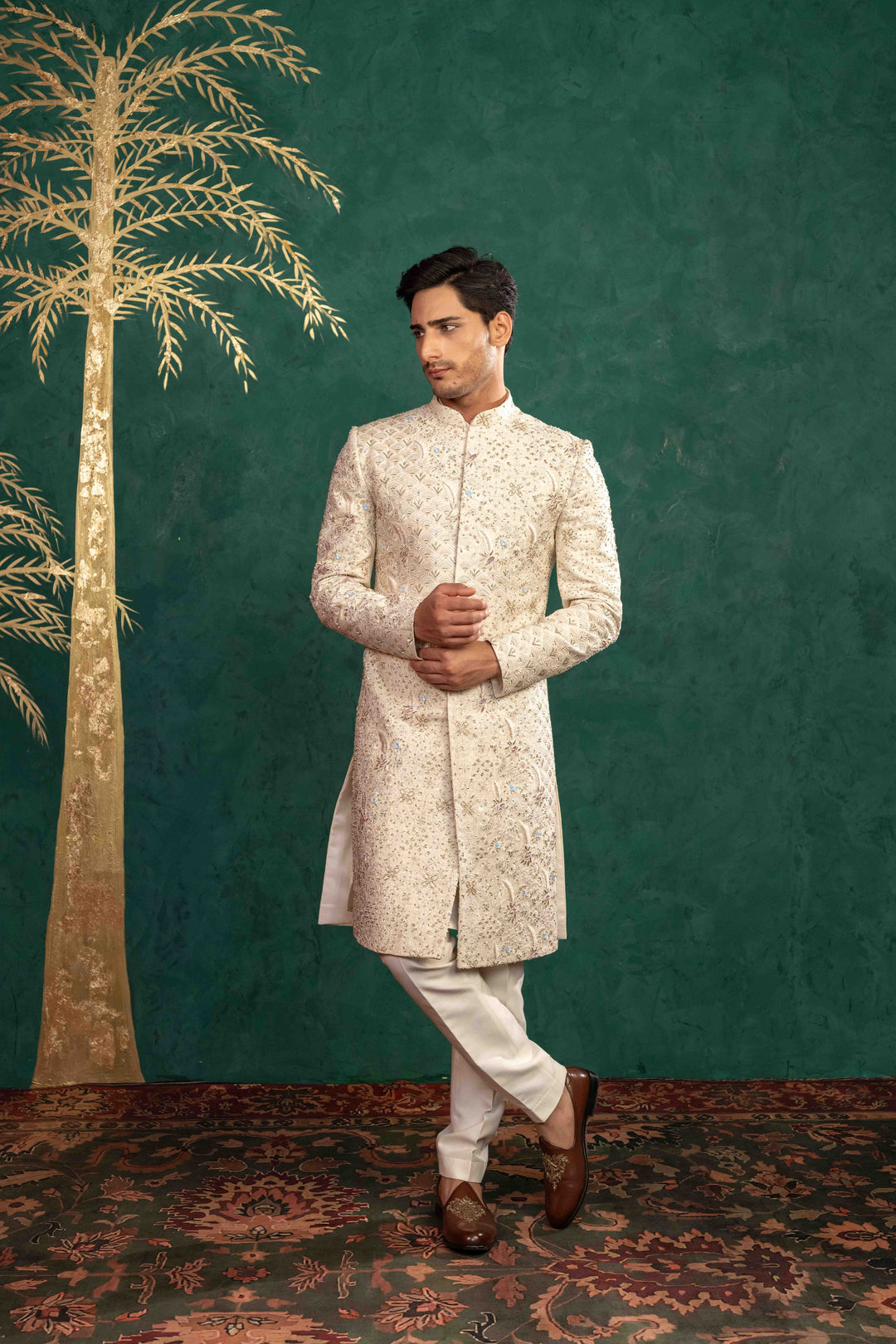 SOFT IVORY MULTI COLOURED SHERWANI – Image 6