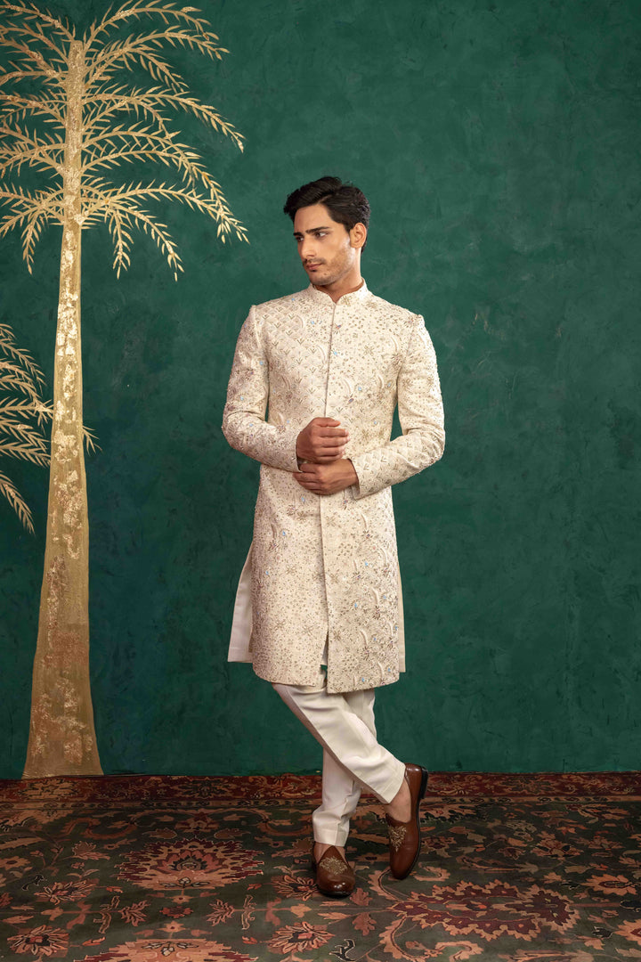 SOFT IVORY MULTI COLOURED SHERWANI