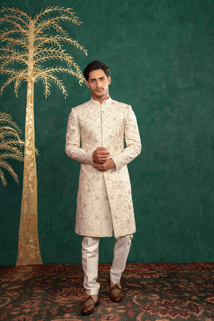 SOFT IVORY MULTI COLOURED SHERWANI