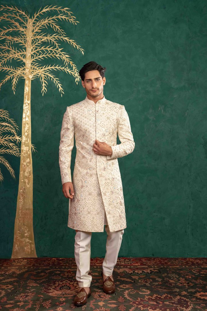 SOFT IVORY MULTI COLOURED SHERWANI