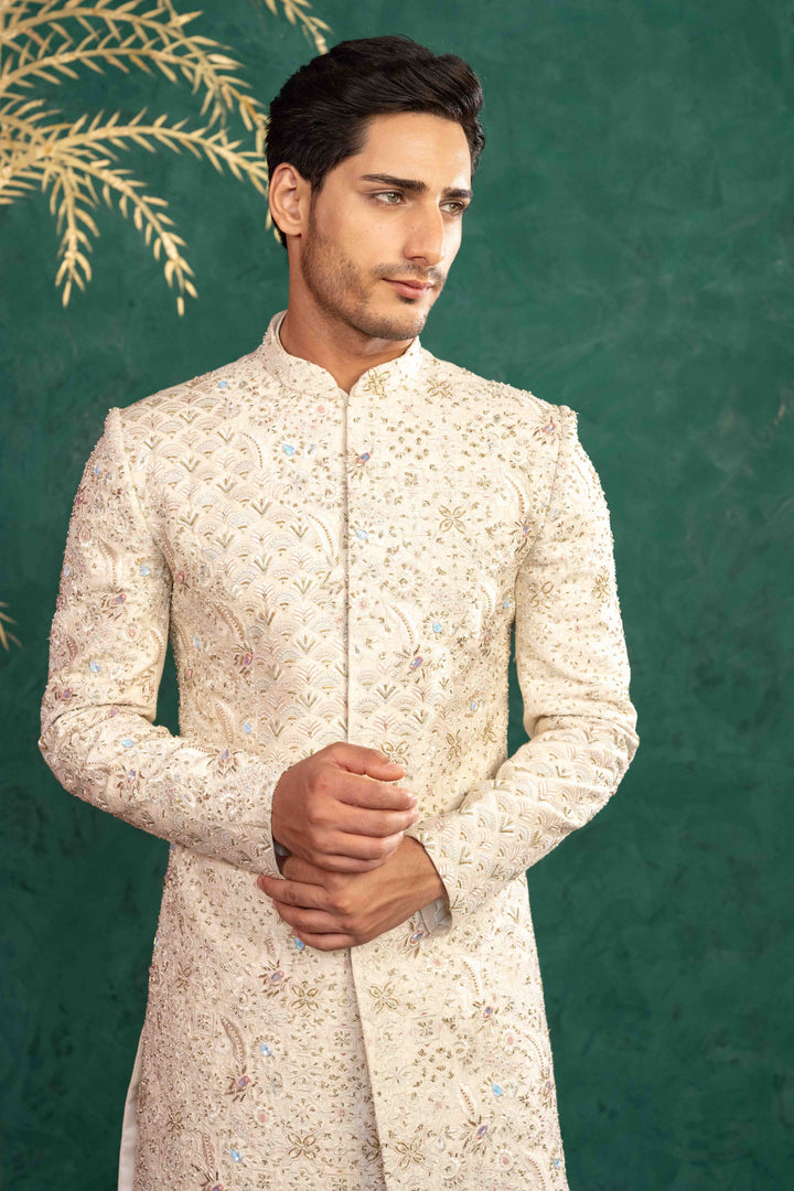 SOFT IVORY MULTI COLOURED SHERWANI