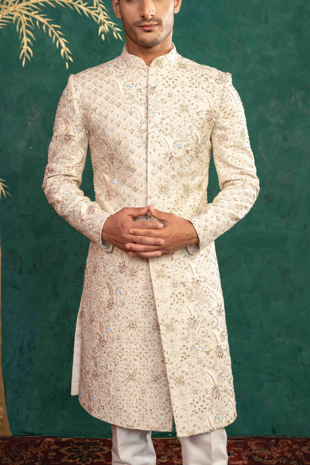 SOFT IVORY MULTI COLOURED SHERWANI – Image 11
