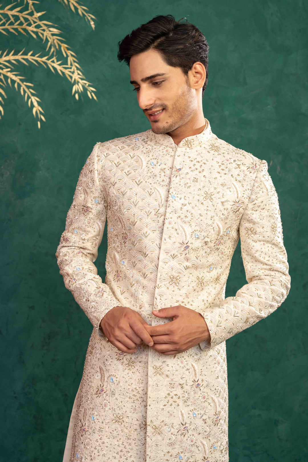 SOFT IVORY MULTI COLOURED SHERWANI – Image 10
