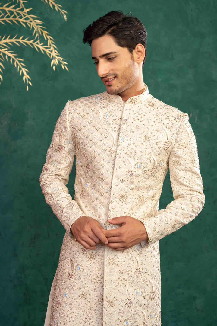 SOFT IVORY MULTI COLOURED SHERWANI